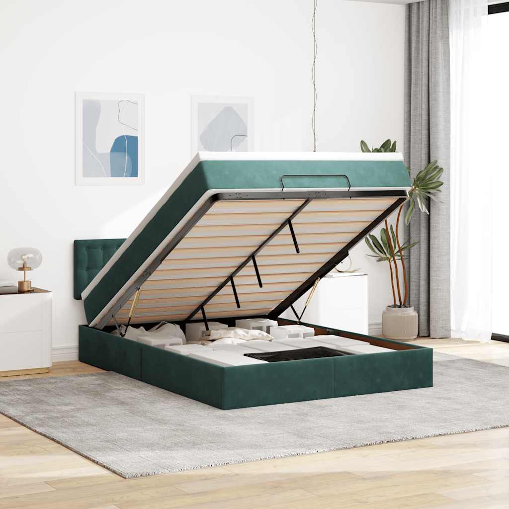 Cadre de lit ottoman avec matelas vert foncé 140x200 cm velours - XIOS