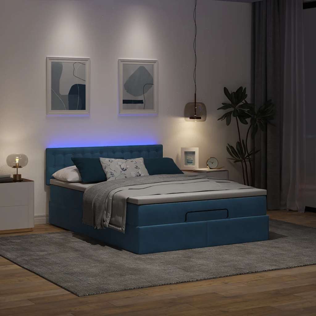 Cadre de lit ottoman avec matelas bleu foncé 140x200 cm velours - XIOS