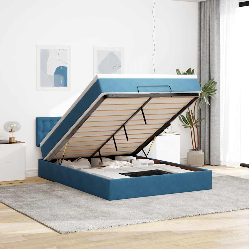 Cadre de lit ottoman avec matelas bleu foncé 140x200 cm velours - XIOS