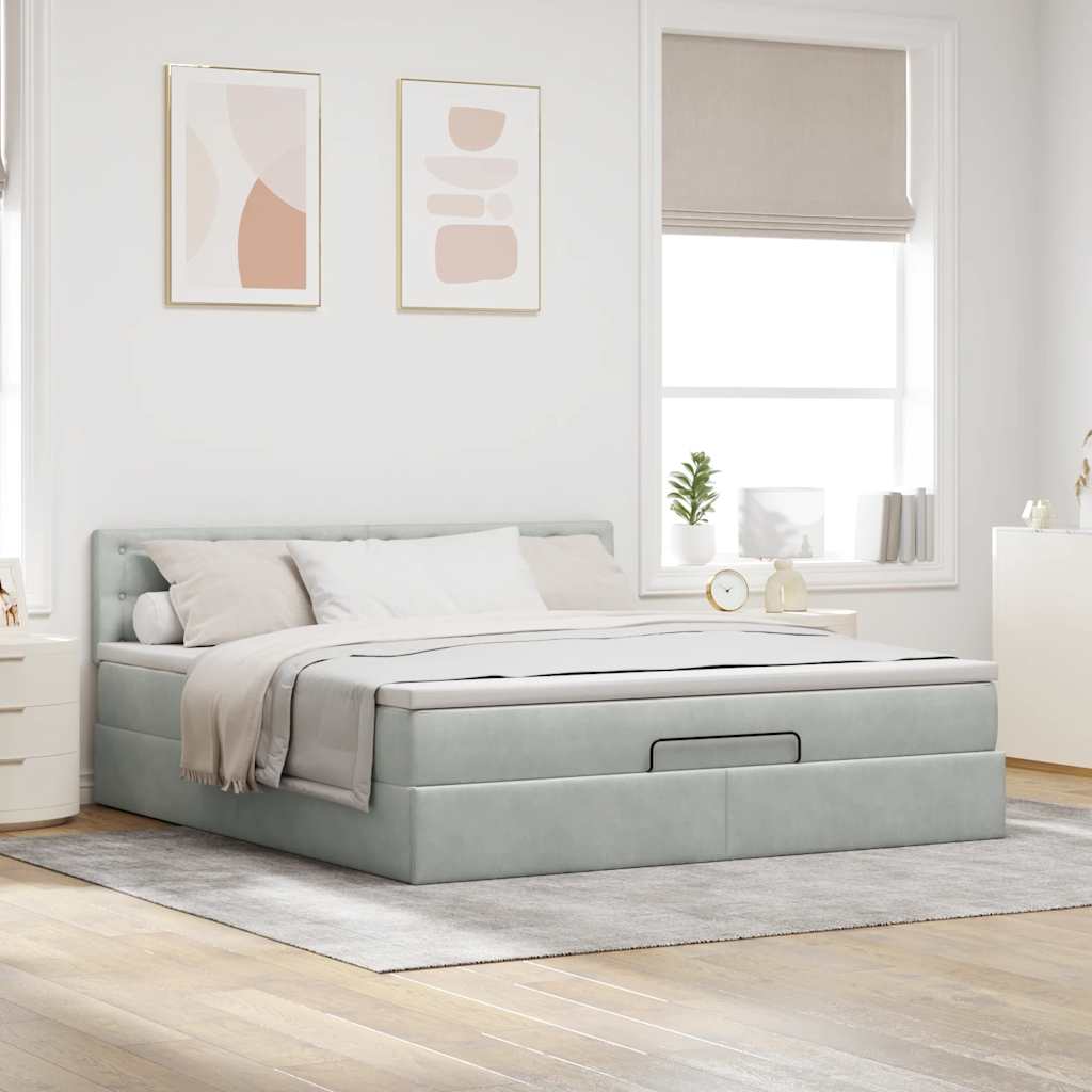 Cadre de lit ottoman avec matelas gris clair 160x200 cm velours - XIOS