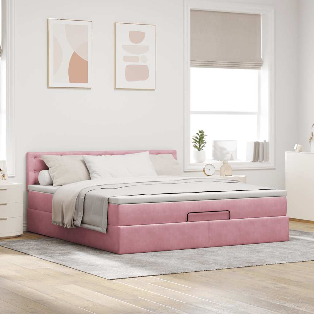 Cadre de lit ottoman avec matelas rose 160x200 cm velours - XIOS