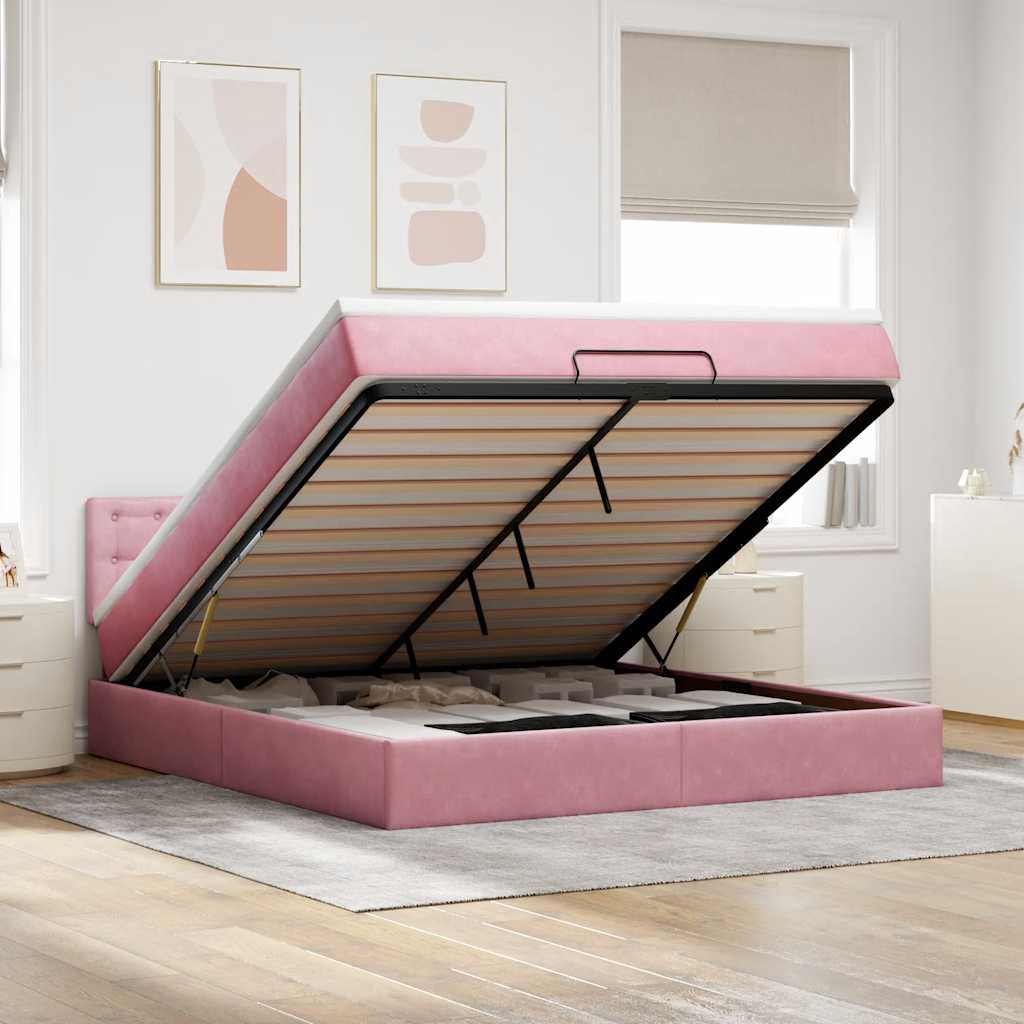 Cadre de lit ottoman avec matelas rose 160x200 cm velours - XIOS