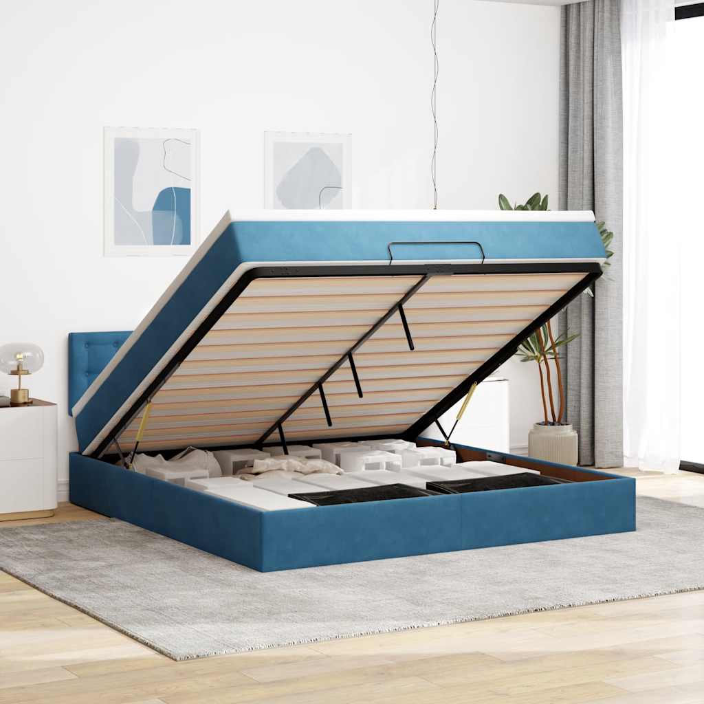Cadre de lit ottoman avec matelas bleu foncé 180x200 cm velours - XIOS