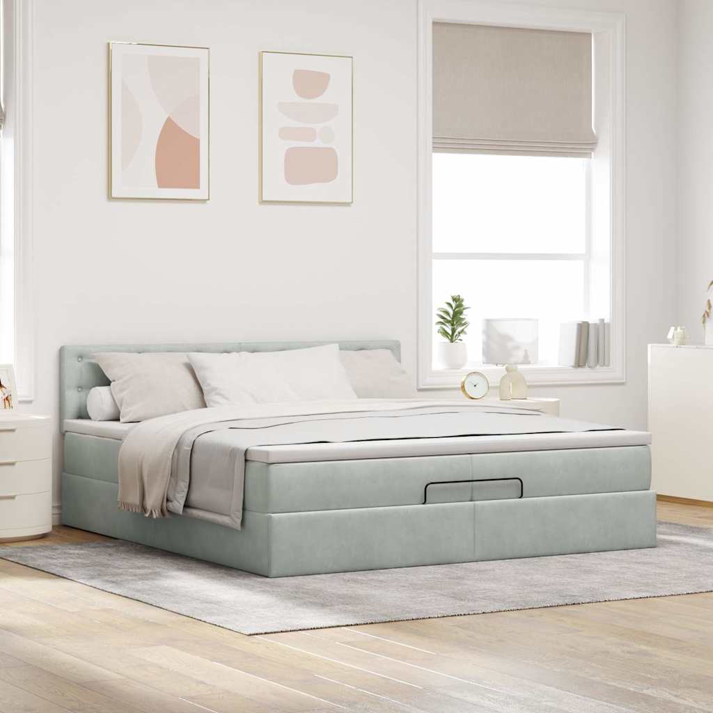 Cadre de lit ottoman avec matelas gris clair 200x200 cm velours - XIOS
