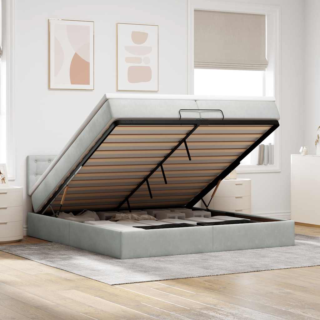 Cadre de lit ottoman avec matelas gris clair 200x200 cm velours - XIOS