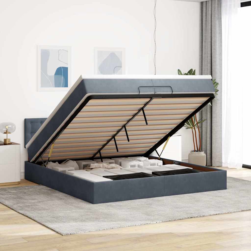 Cadre de lit ottoman avec matelas gris foncé 200x200 cm velours - XIOS