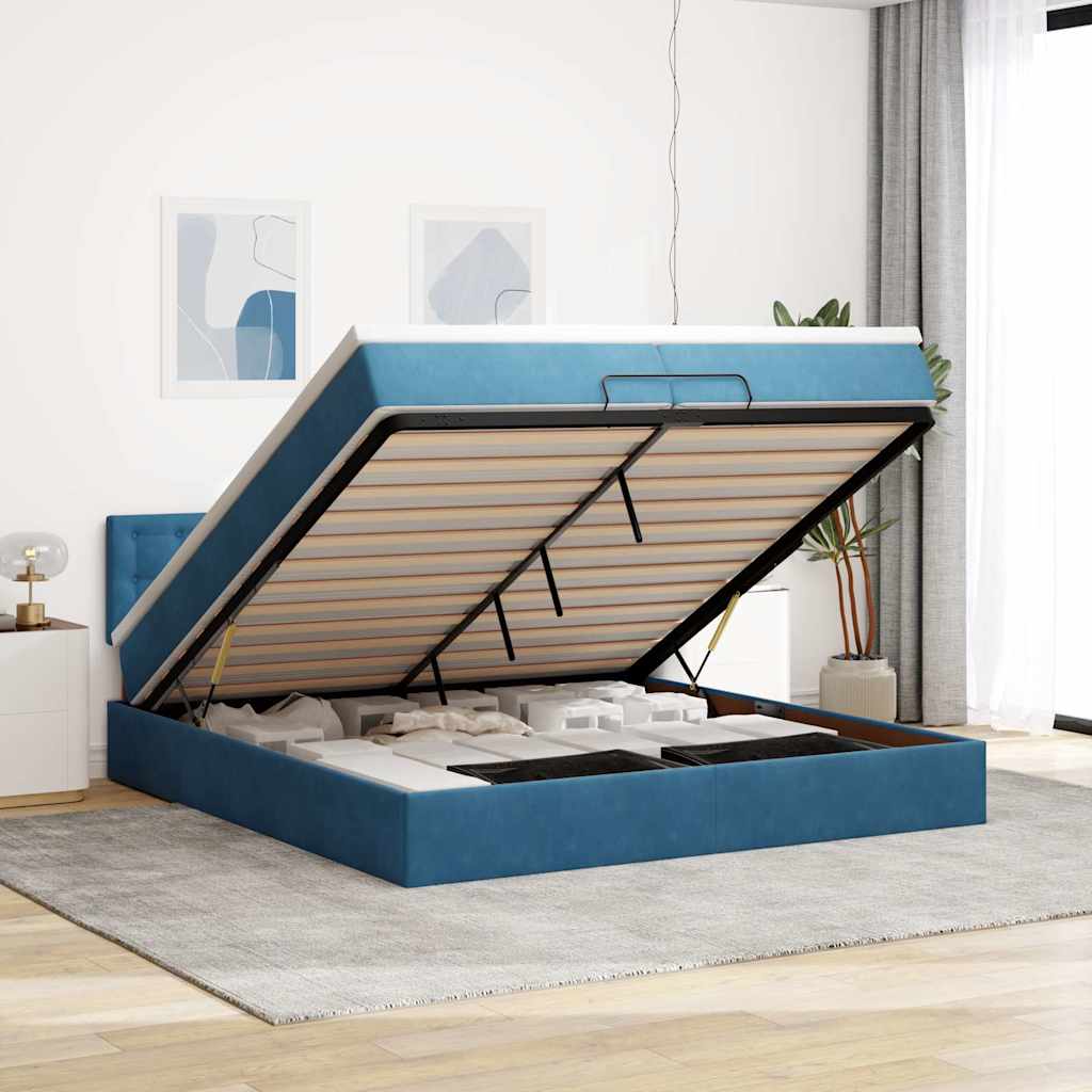 Cadre de lit ottoman avec matelas bleu foncé 200x200 cm velours - XIOS