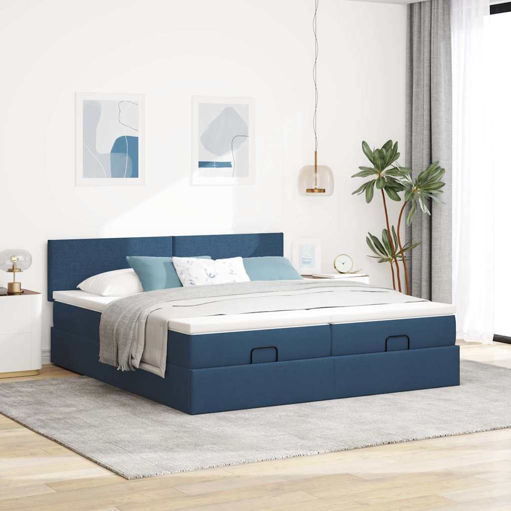 Cadre de lit ottoman avec matelas bleu 160x200 cm tissu - XIOS