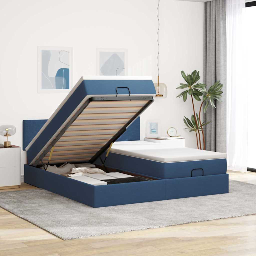 Cadre de lit ottoman avec matelas bleu 160x200 cm tissu - XIOS
