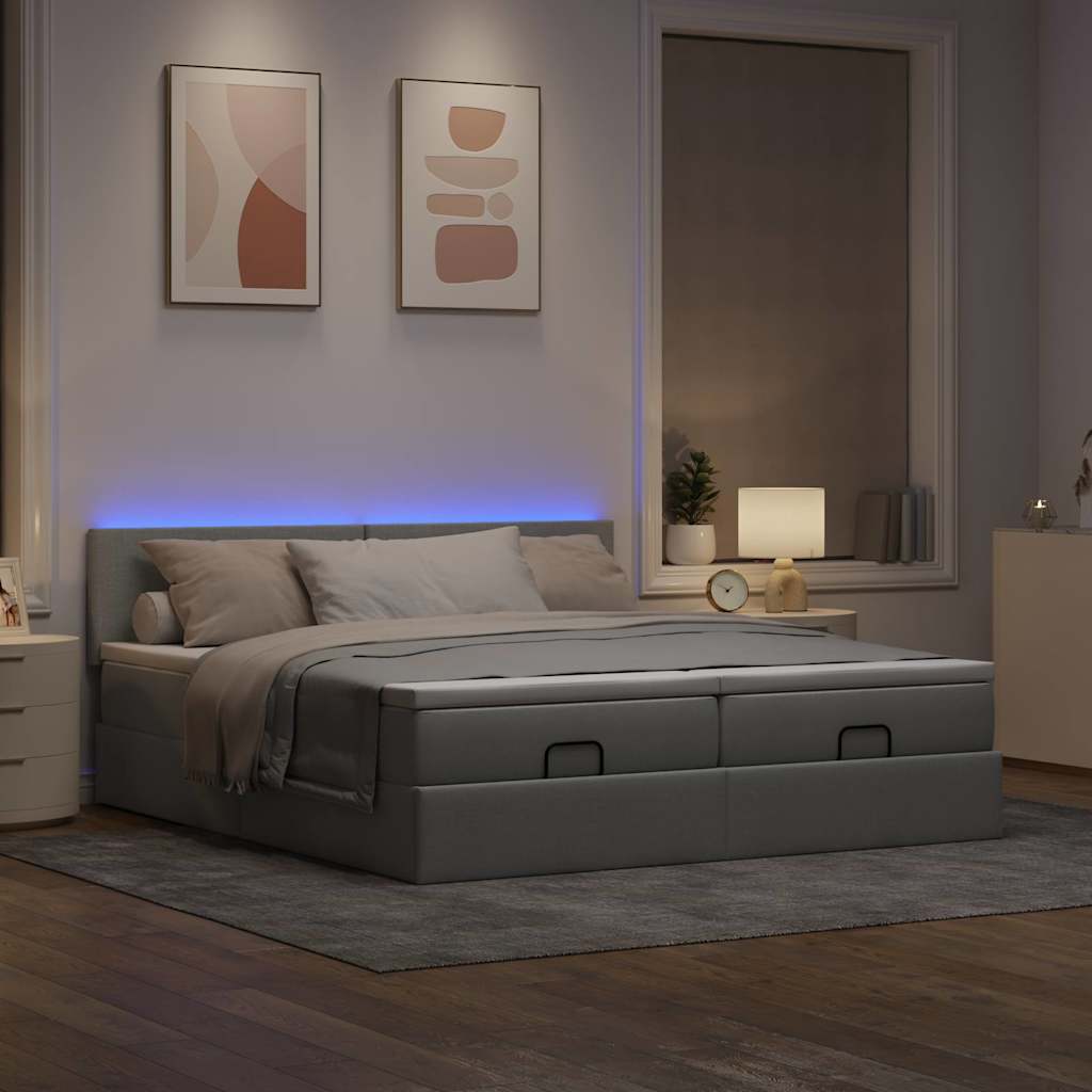 Cadre de lit ottoman et matelas gris clair 200x200cm tissu - XIOS