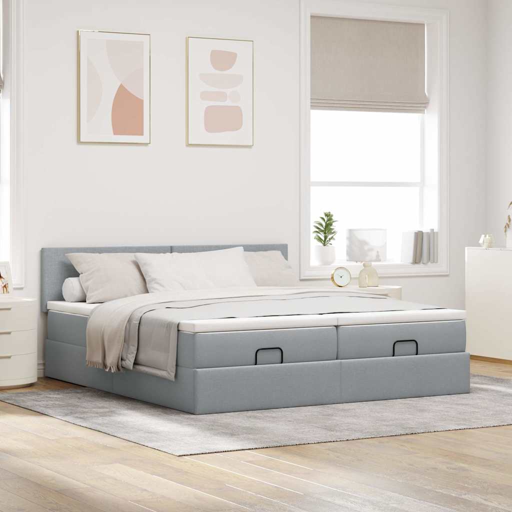 Cadre de lit ottoman et matelas gris clair 200x200cm tissu - XIOS