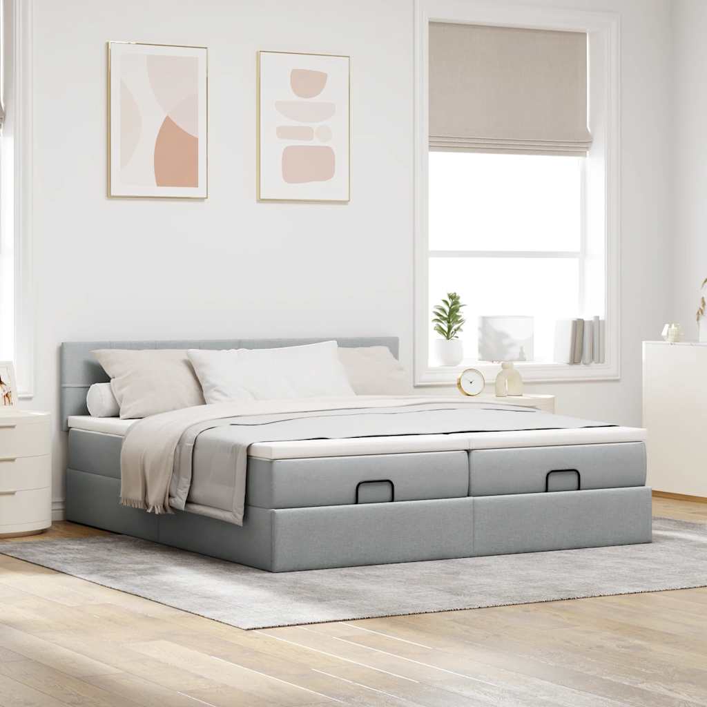 Cadre de lit ottoman et matelas gris clair 160x200cm tissu - XIOS