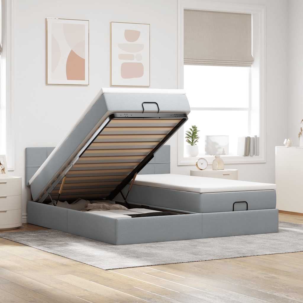 Cadre de lit ottoman et matelas gris clair 160x200cm tissu - XIOS