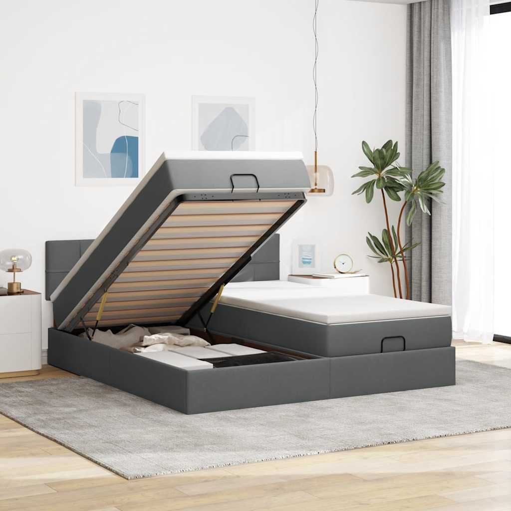 Cadre de lit ottoman avec matelas gris foncé 160x200cm tissu - XIOS