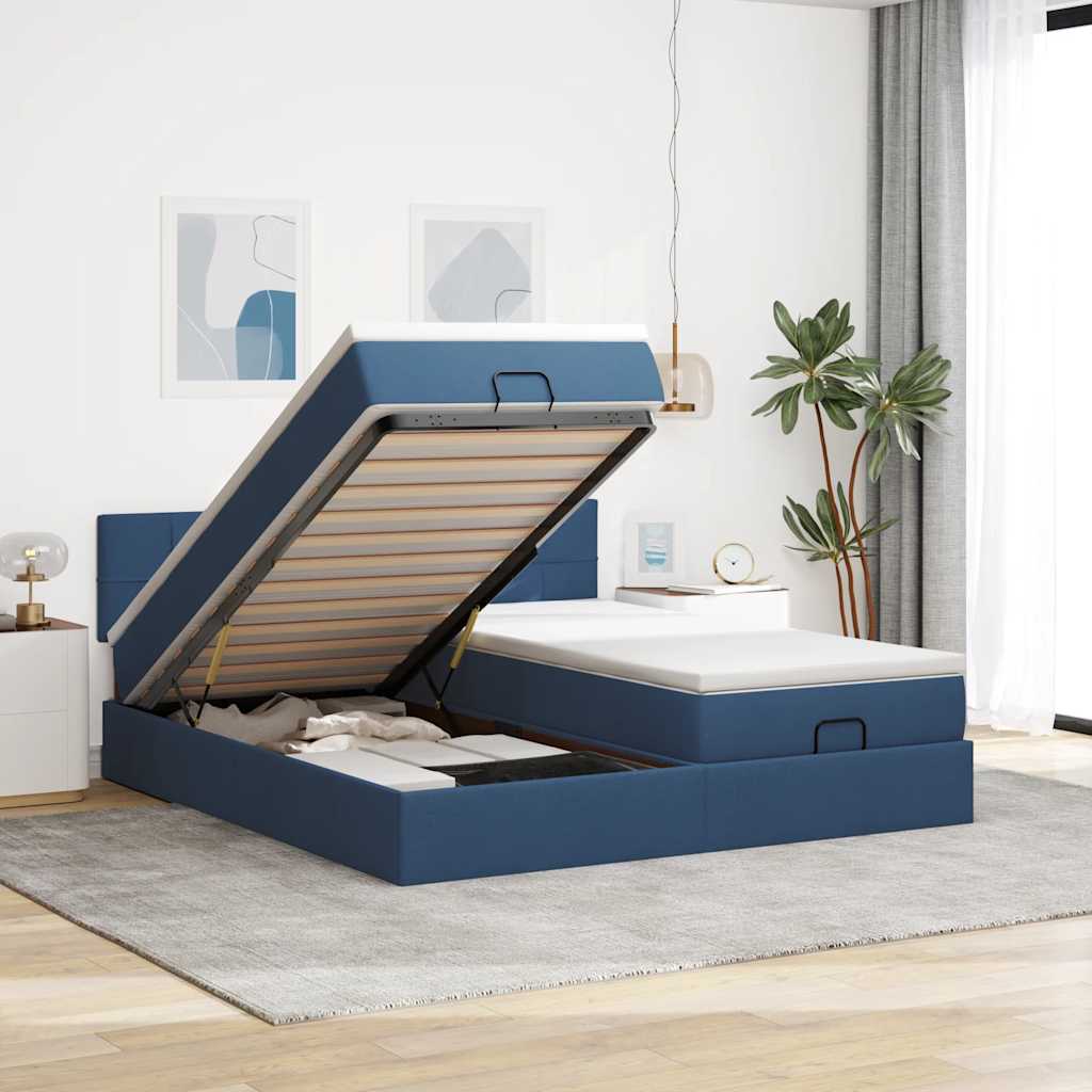 Cadre de lit ottoman avec matelas bleu 160x200 cm tissu - XIOS