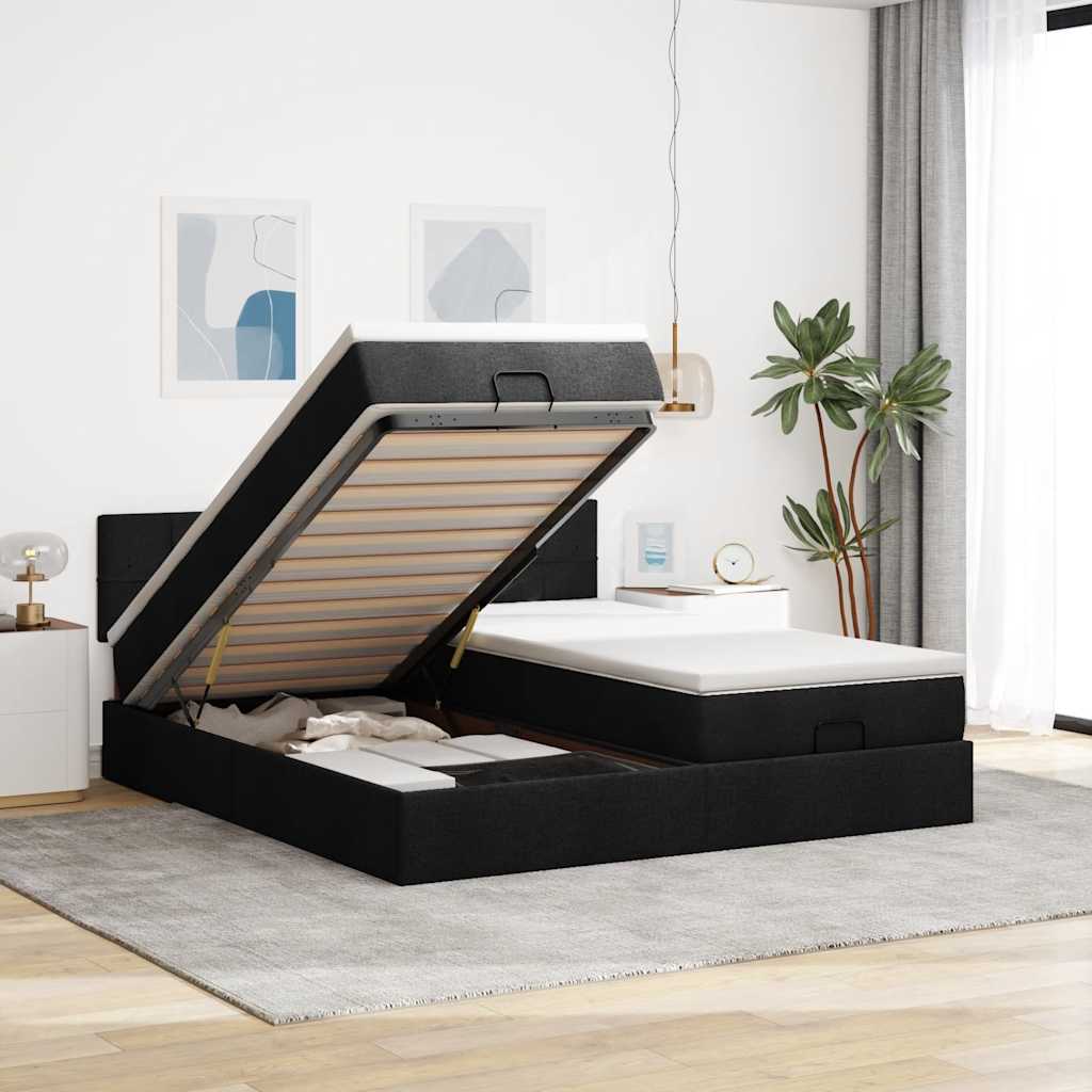 Cadre de lit ottoman avec matelas noir 180x200cm tissu - XIOS