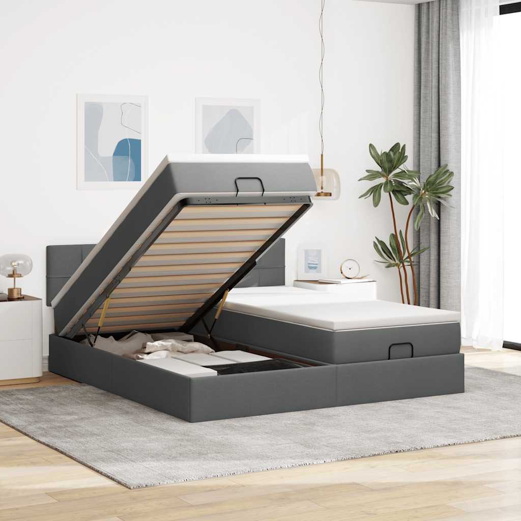 Cadre de lit ottoman avec matelas gris foncé 200x200cm tissu - XIOS