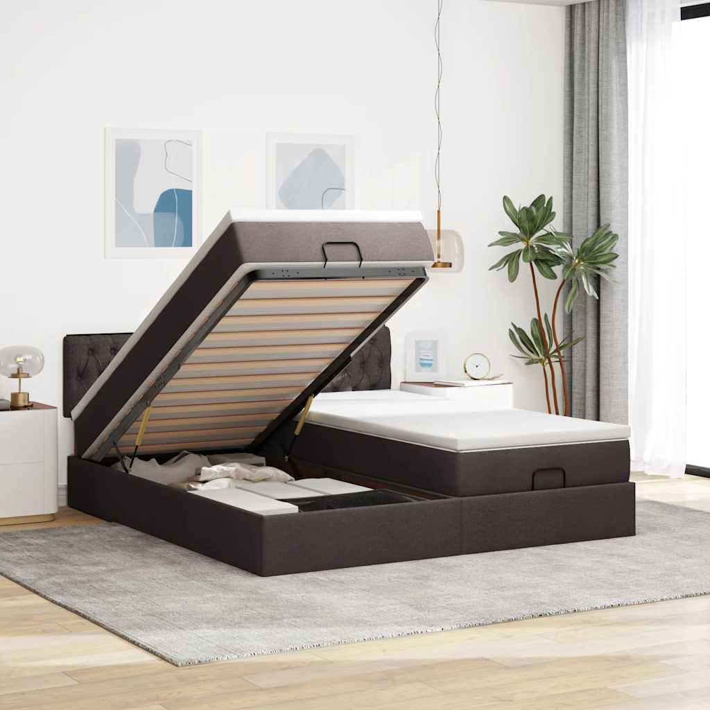 Cadre de lit ottoman avec matelas marron foncé 160x200 cm tissu - XIOS