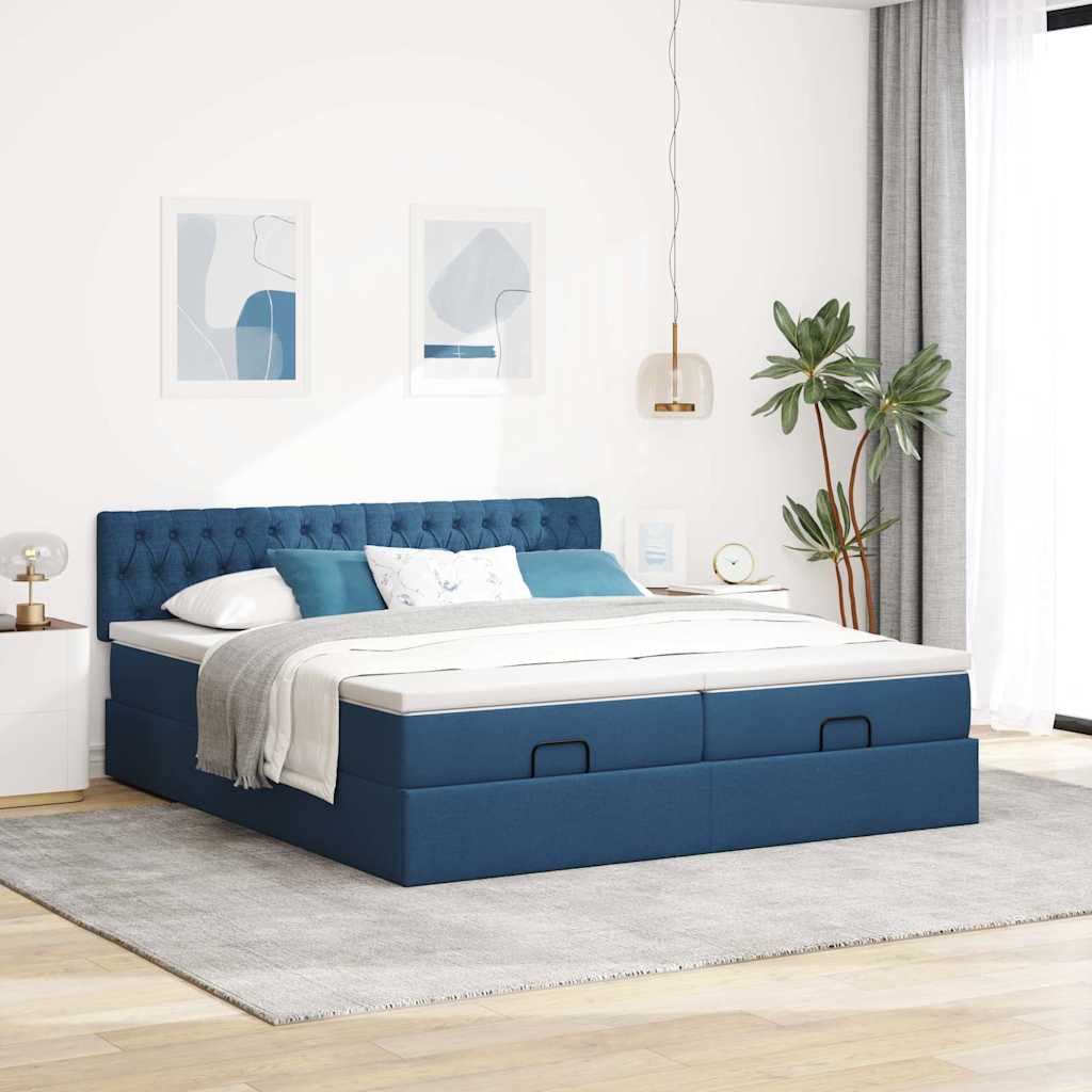 Cadre de lit ottoman avec matelas bleu 160x200 cm tissu - XIOS