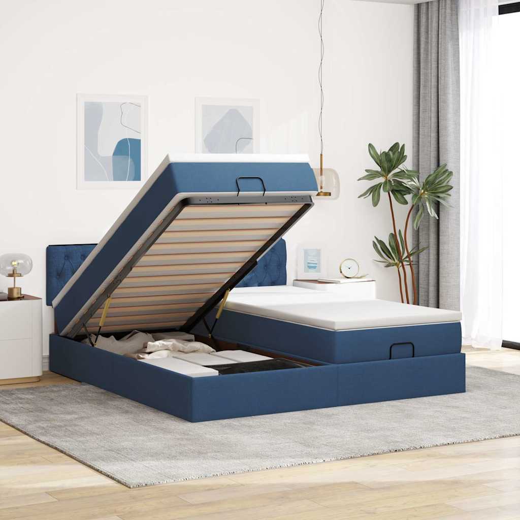 Cadre de lit ottoman avec matelas bleu 160x200 cm tissu - XIOS
