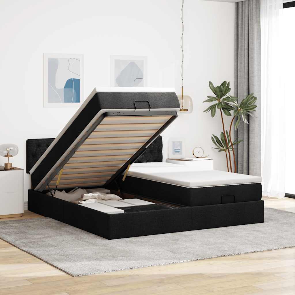 Cadre de lit ottoman avec matelas noir 180x200cm tissu - XIOS