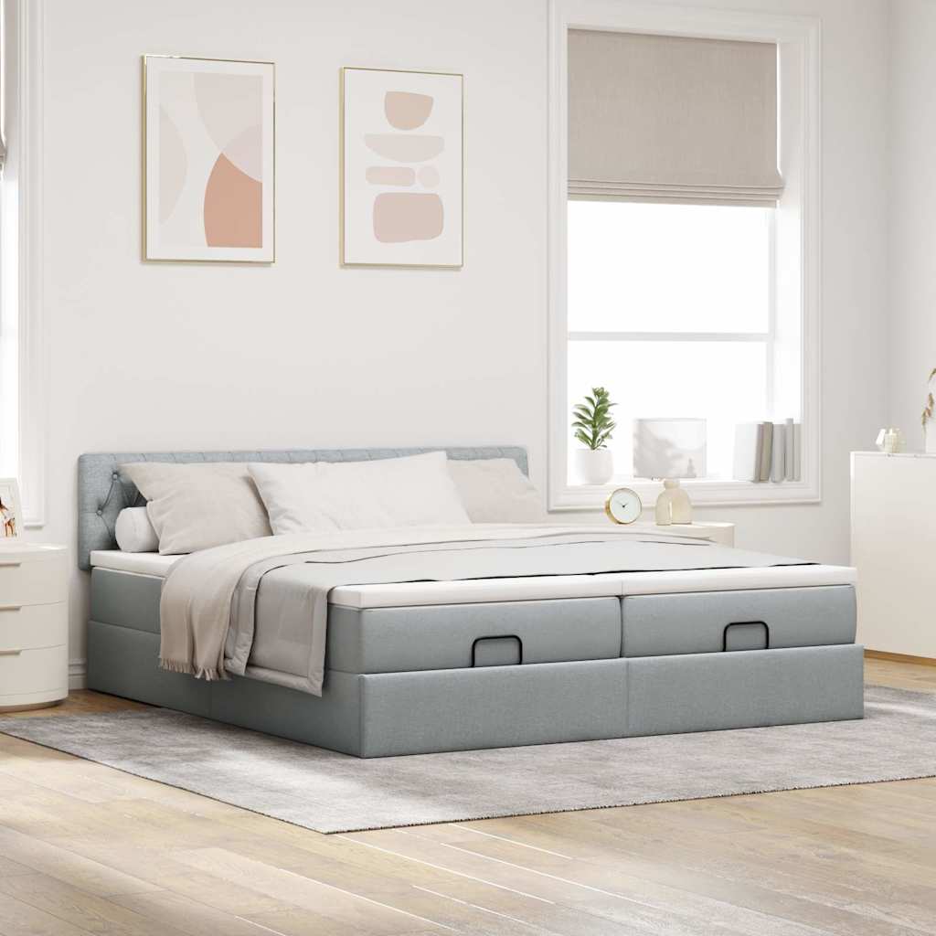 Cadre de lit ottoman et matelas gris clair 200x200cm tissu - XIOS
