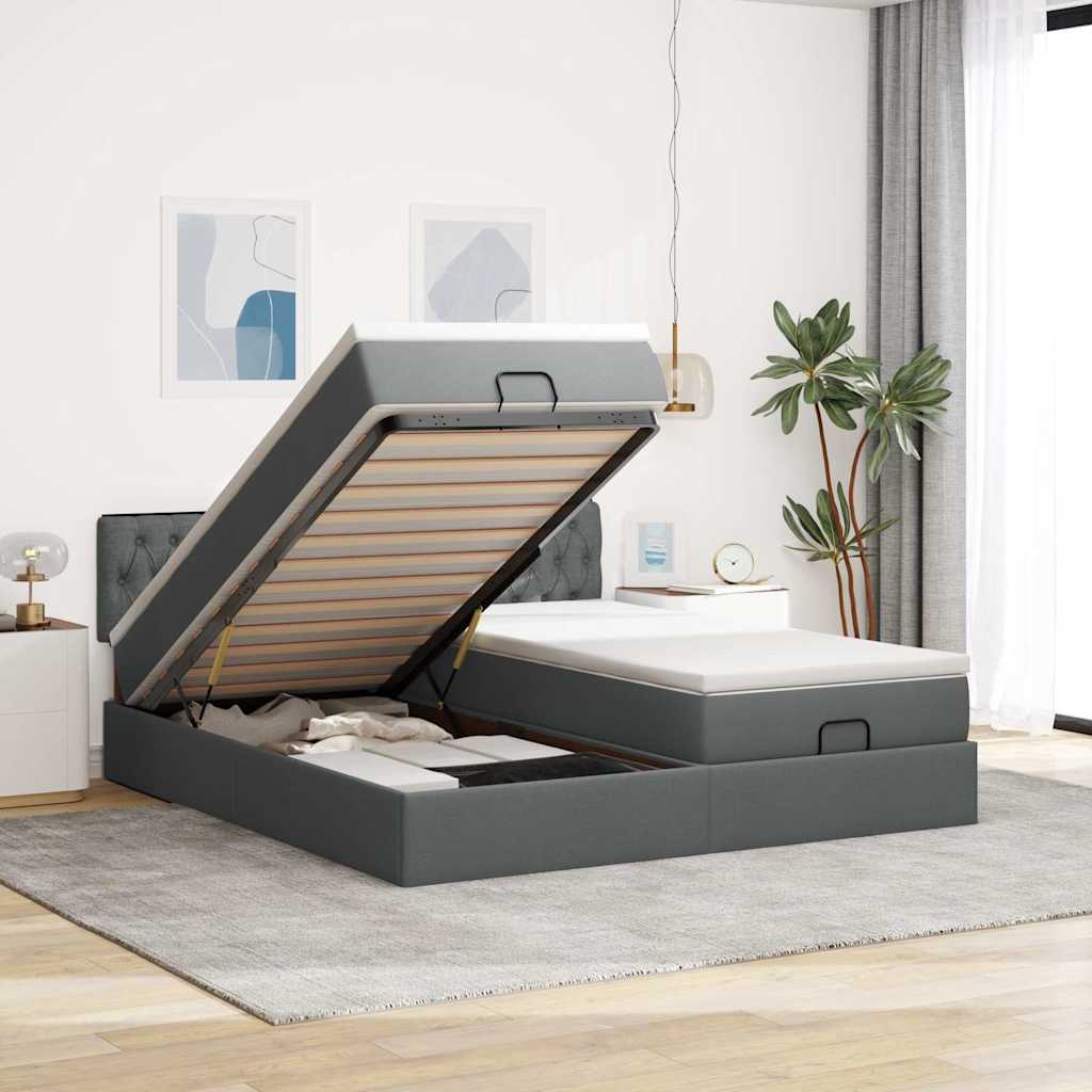 Cadre de lit ottoman avec matelas gris foncé 200x200cm tissu - XIOS