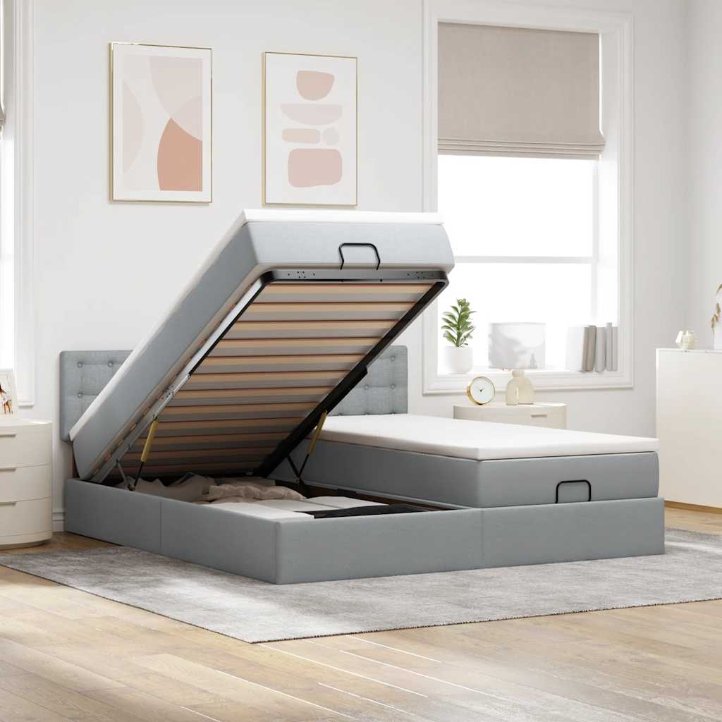 Cadre de lit ottoman et matelas gris clair 180x200cm tissu - XIOS