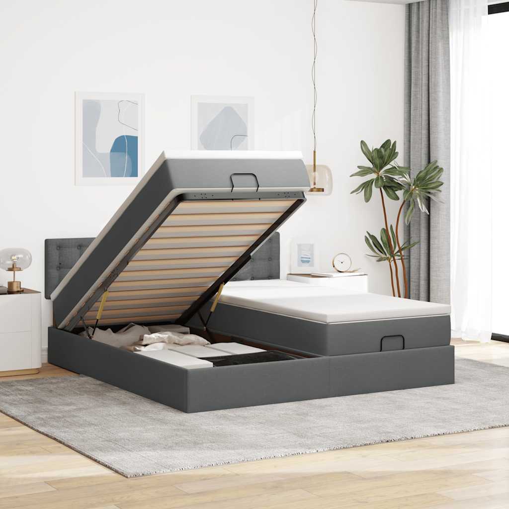 Cadre de lit ottoman avec matelas gris foncé 180x200cm tissu - XIOS
