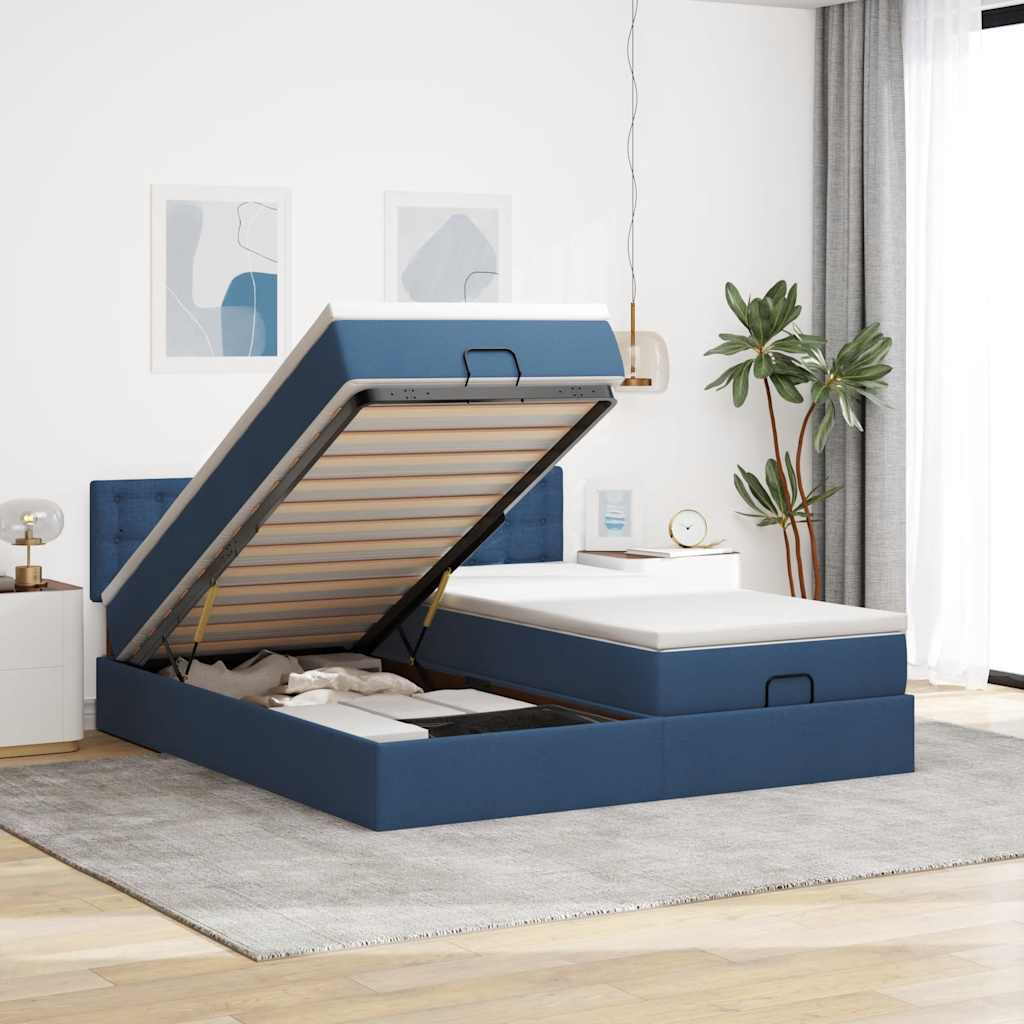 Cadre de lit ottoman avec matelas bleu 180x200 cm tissu - XIOS