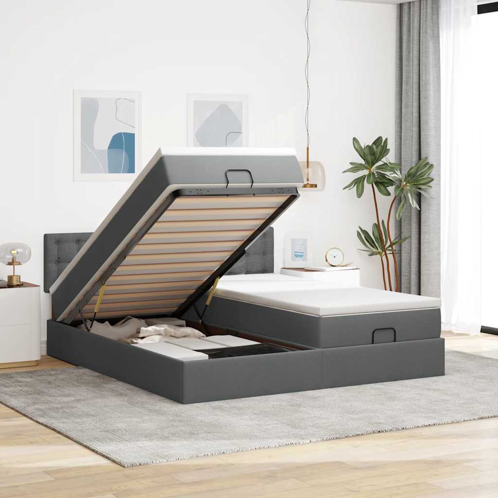 Cadre de lit ottoman avec matelas gris foncé 200x200cm tissu - XIOS