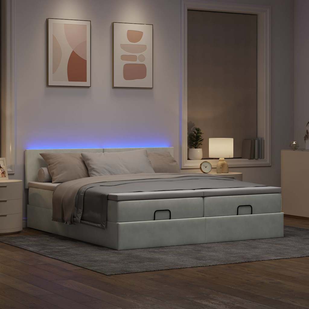 Cadre de lit ottoman et matelas gris clair 160x200cm velours - XIOS