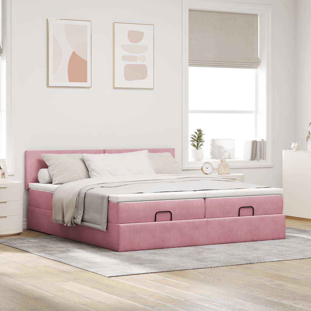 Cadre de lit ottoman avec matelas rose 160x200 cm velours - XIOS