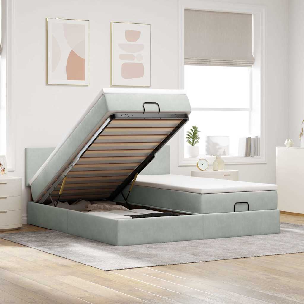 Cadre de lit ottoman et matelas gris clair 180x200cm velours - XIOS
