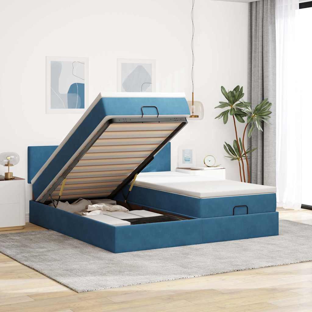 Cadre de lit ottoman avec matelas bleu foncé 180x200 cm velours - XIOS
