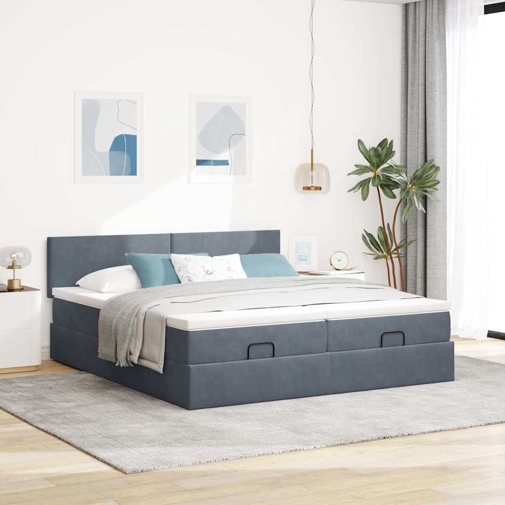 Cadre de lit ottoman avec matelas gris foncé 200x200 cm velours - XIOS