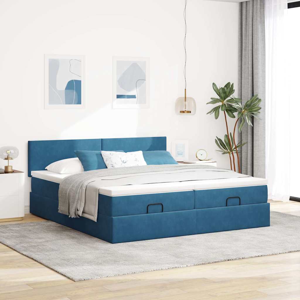 Cadre de lit ottoman avec matelas bleu foncé 200x200 cm velours - XIOS