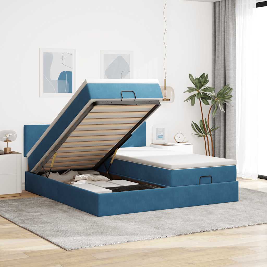 Cadre de lit ottoman avec matelas bleu foncé 200x200 cm velours - XIOS