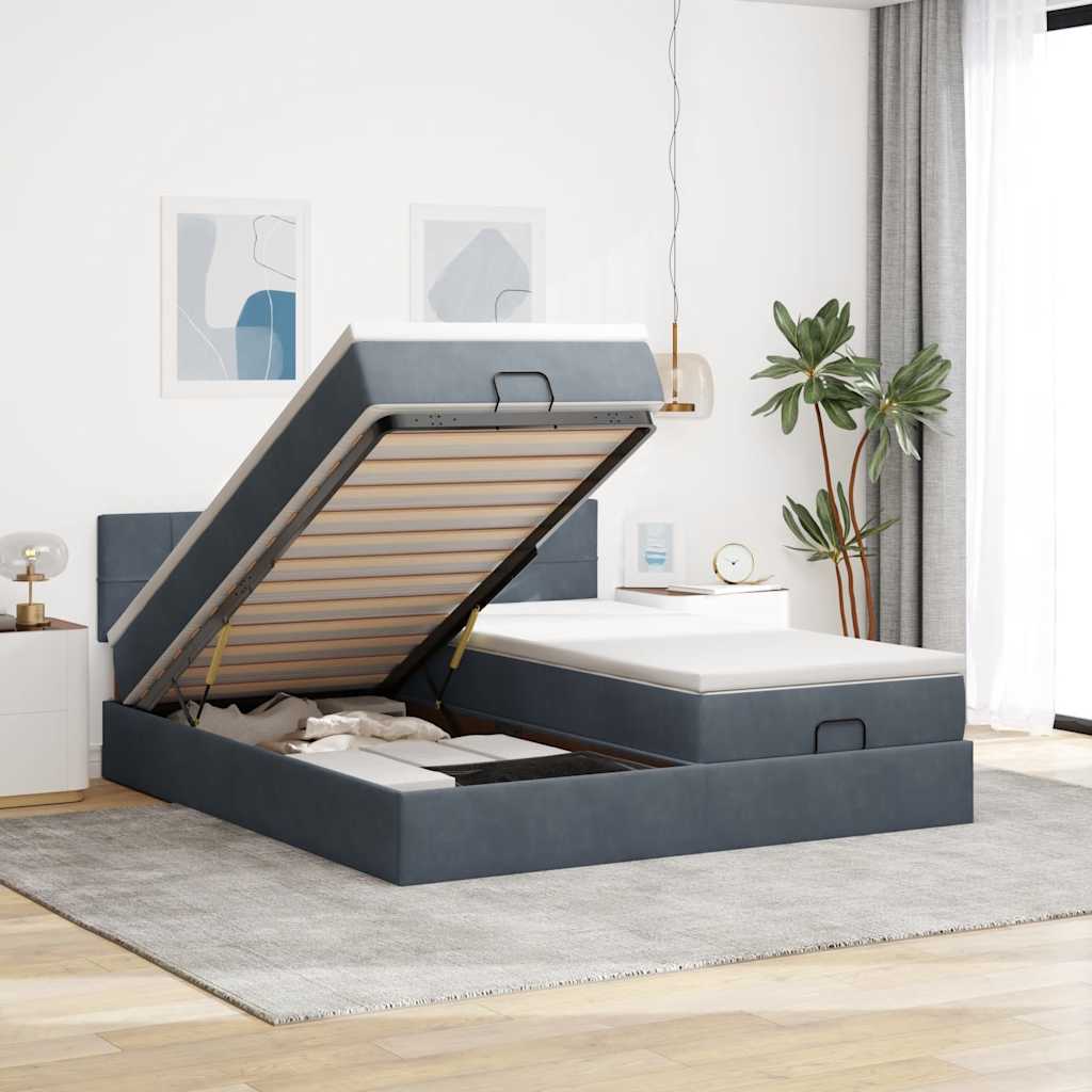 Cadre de lit ottoman avec matelas gris foncé 160x200cm velours - XIOS