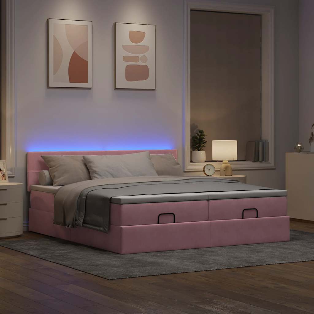 Cadre de lit ottoman avec matelas rose 160x200 cm velours - XIOS