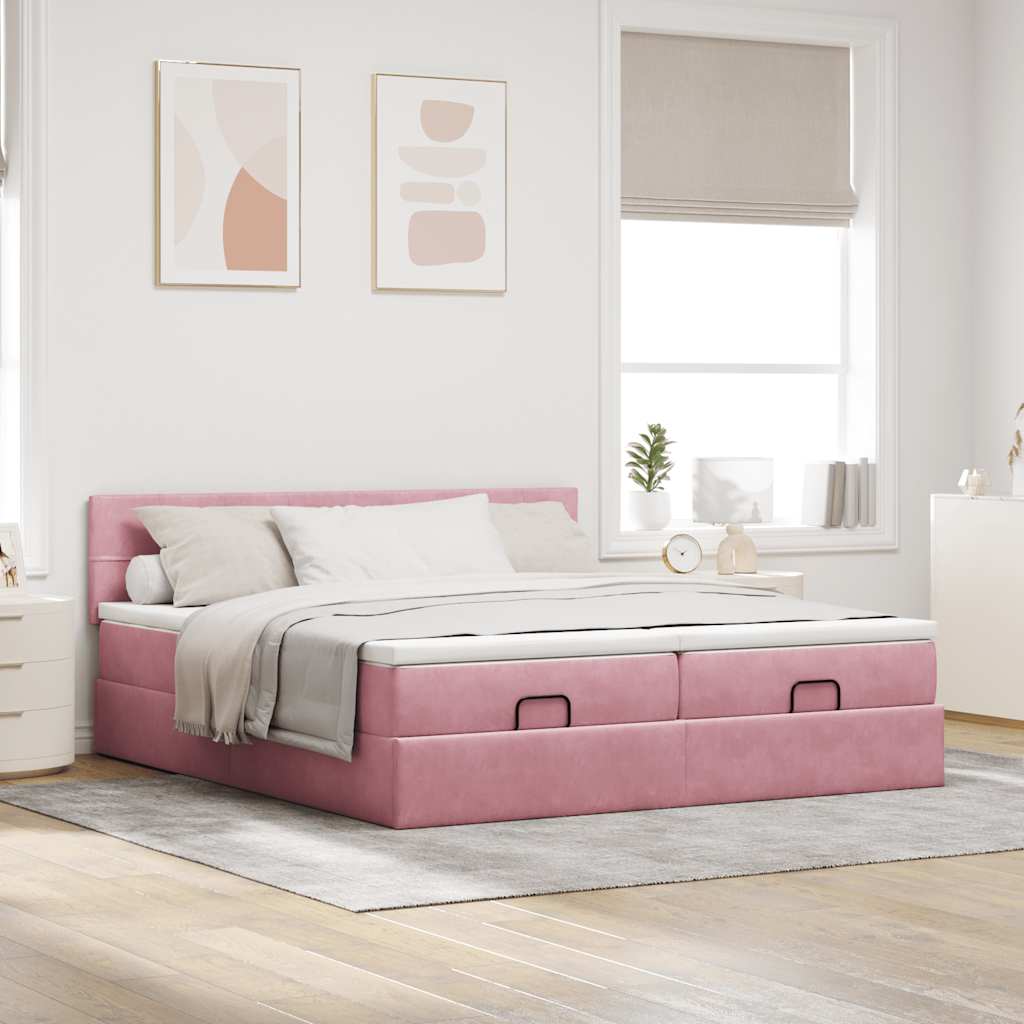 Cadre de lit ottoman avec matelas rose 160x200 cm velours - XIOS