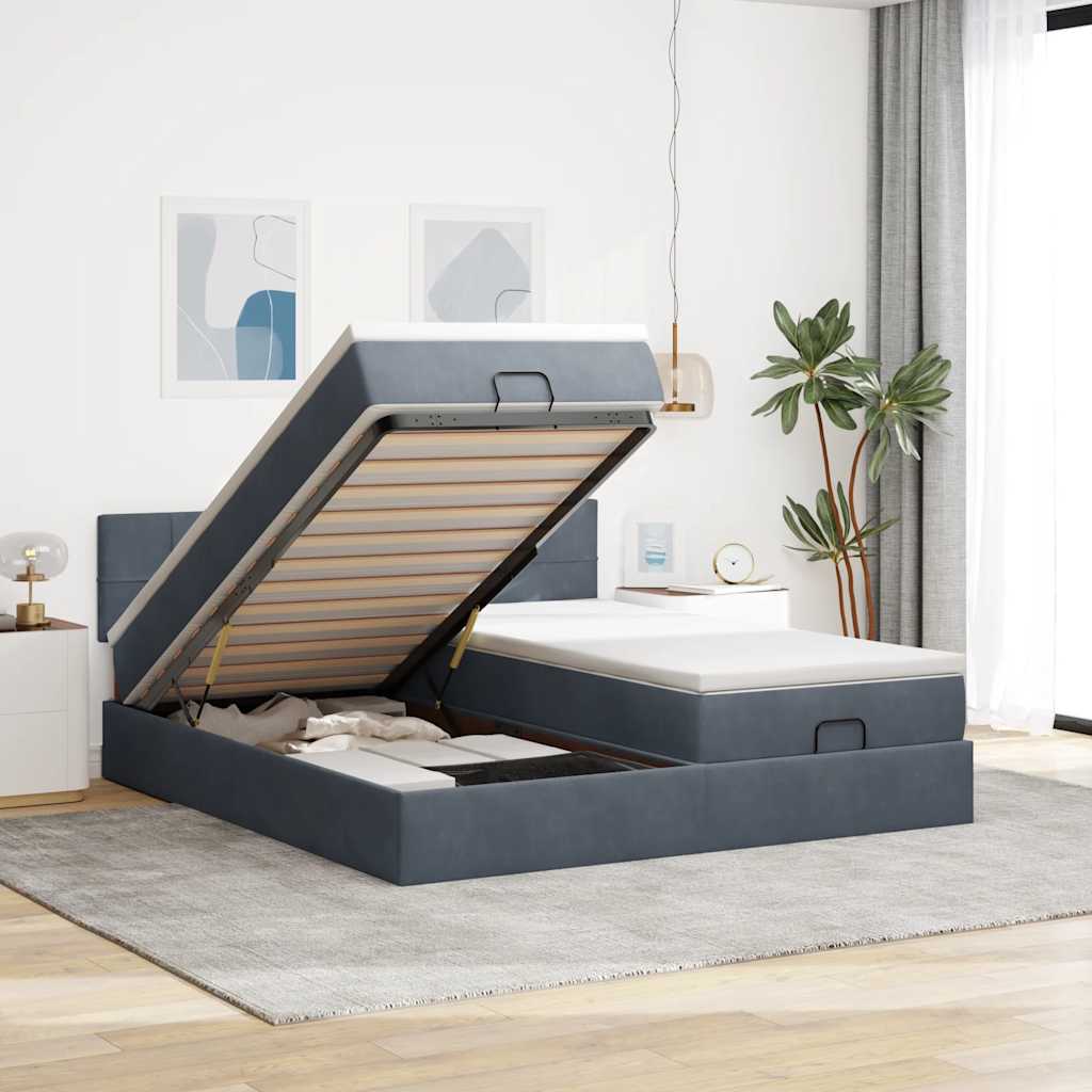 Cadre de lit ottoman avec matelas gris foncé 180x200cm velours - XIOS