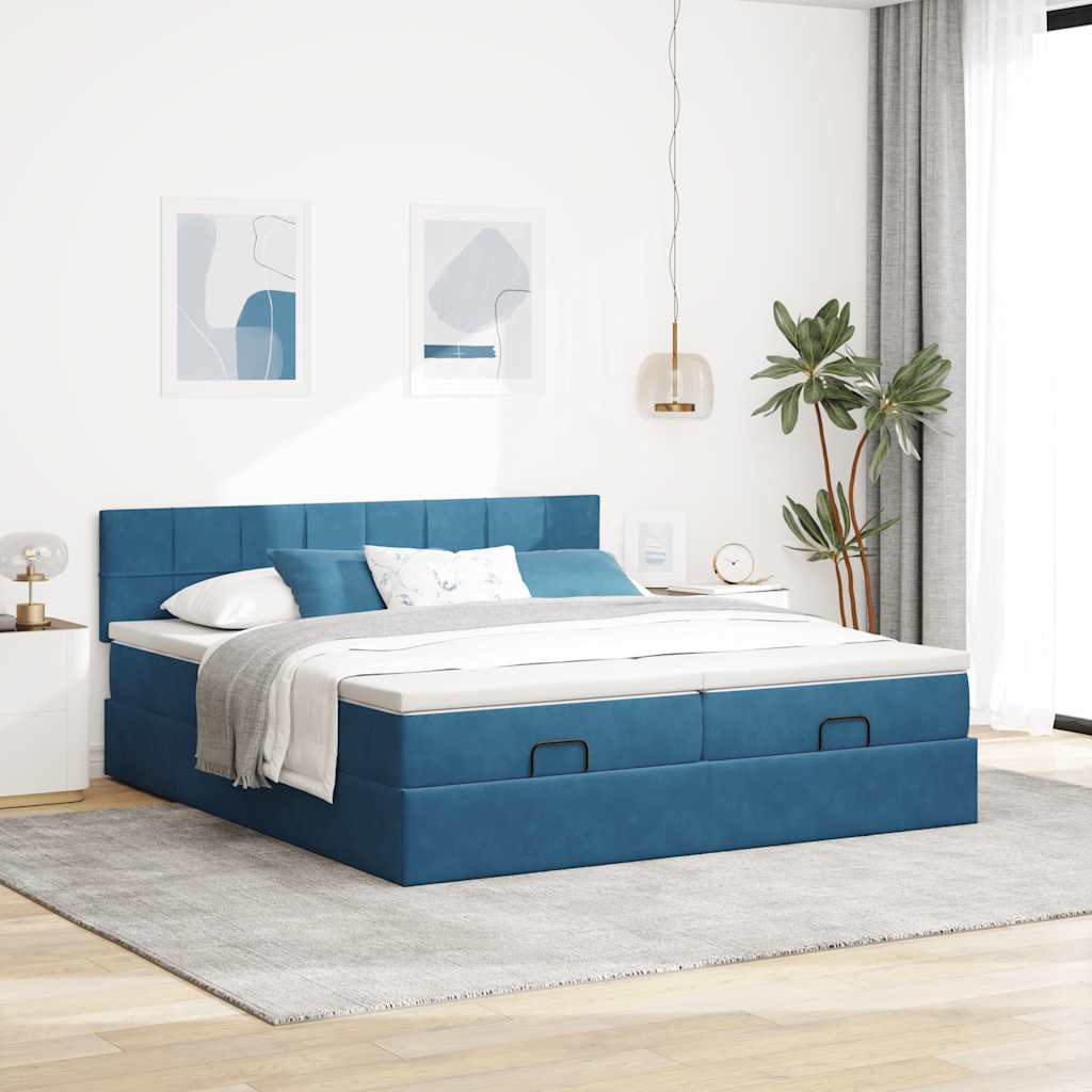 Cadre de lit ottoman avec matelas bleu foncé 180x200 cm velours - XIOS