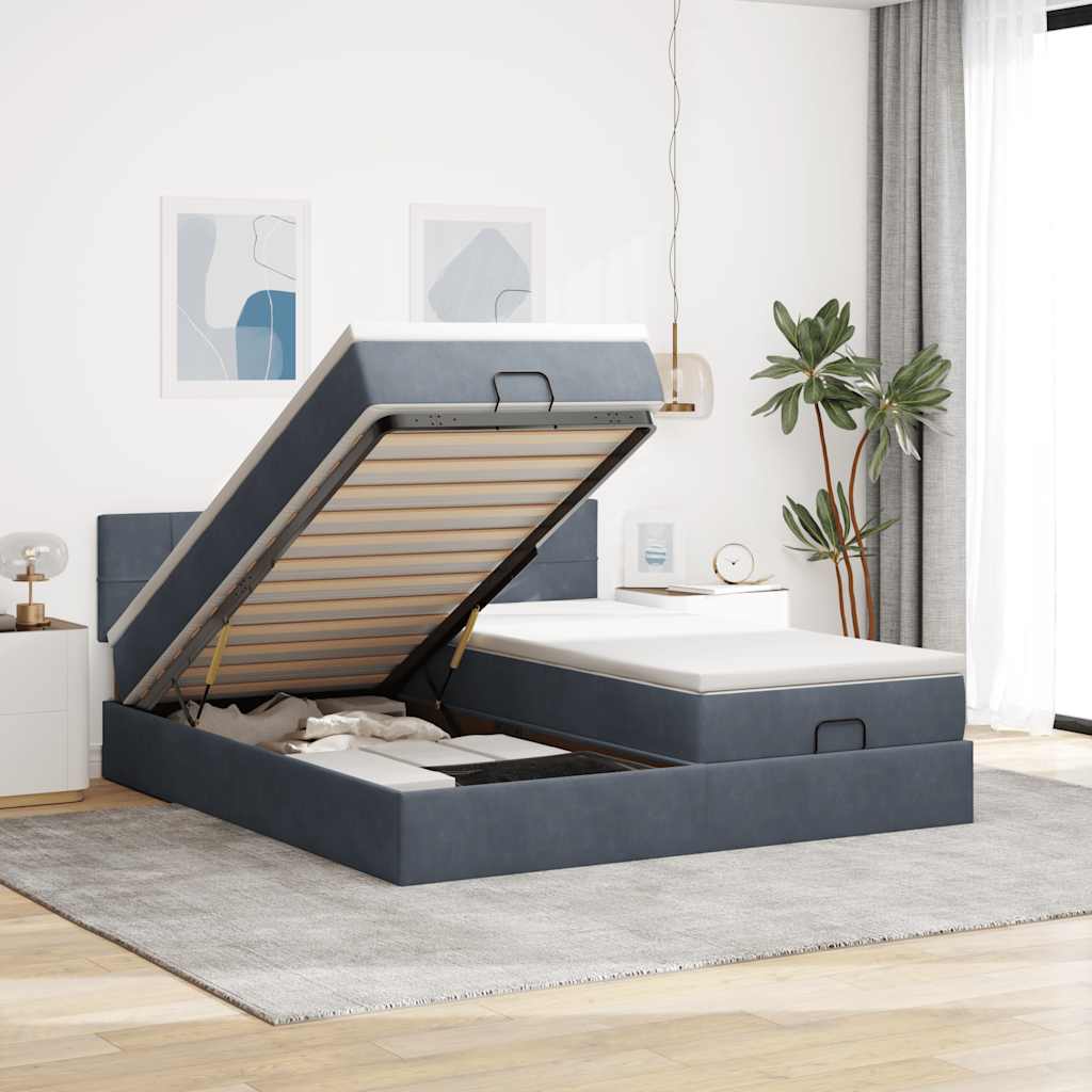 Cadre de lit ottoman avec matelas gris foncé 200x200 cm velours - XIOS
