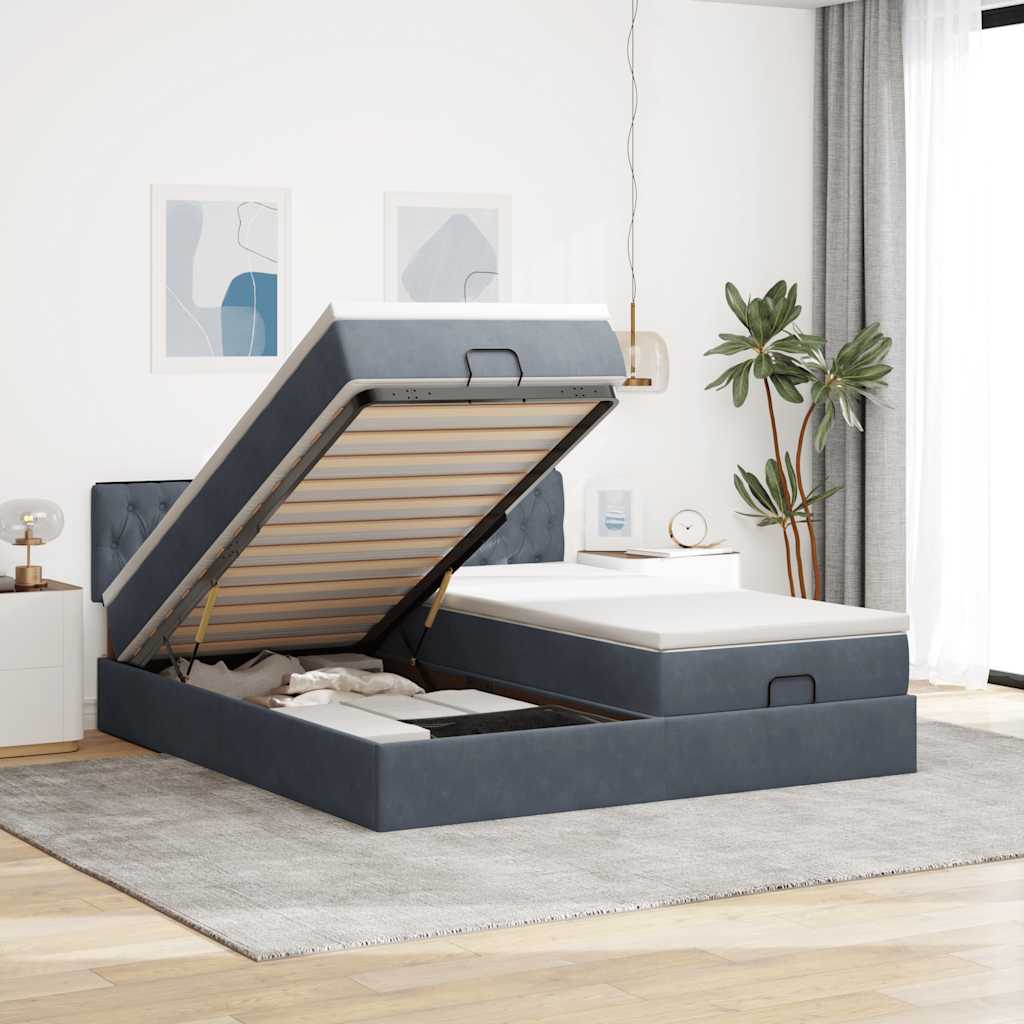 Cadre de lit ottoman avec matelas gris foncé 160x200cm velours - XIOS