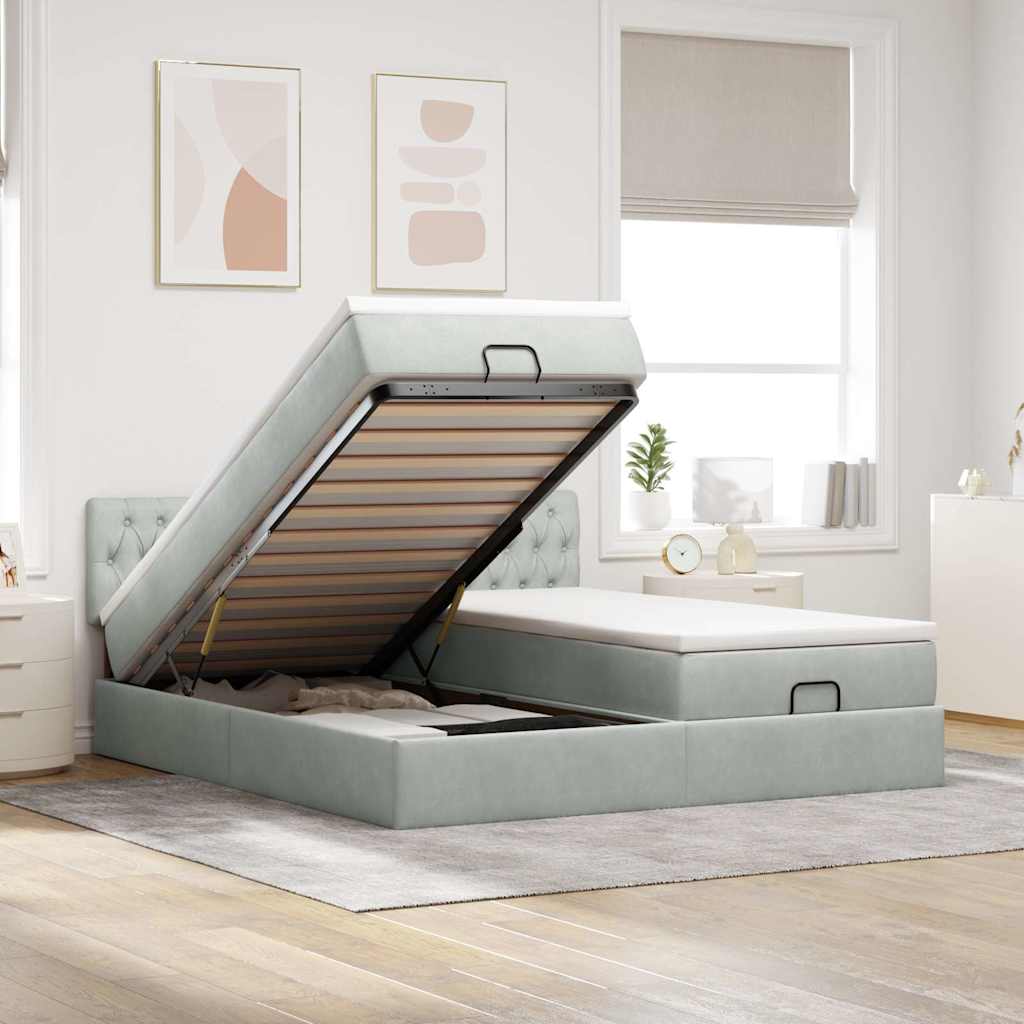Cadre de lit ottoman avec matelas gris clair 200x200 cm velours - XIOS