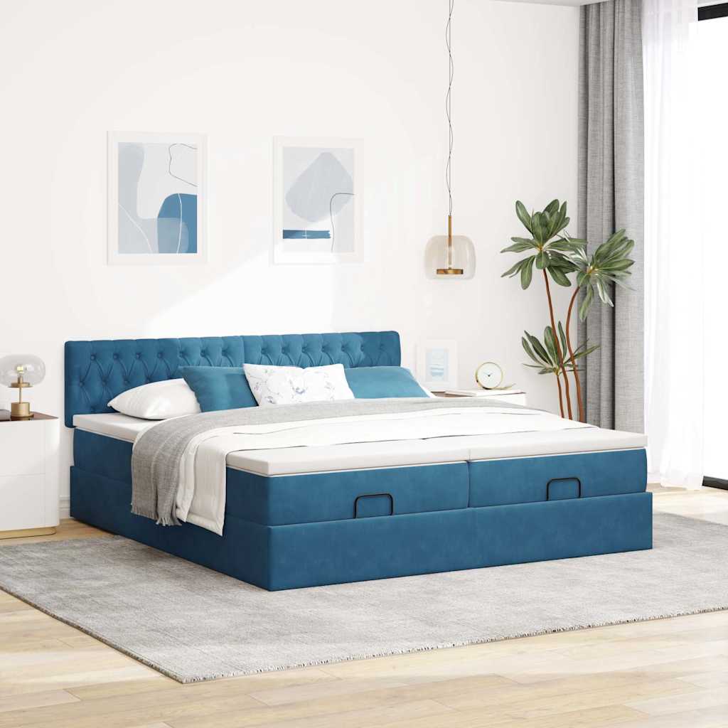 Cadre de lit ottoman avec matelas bleu foncé 200x200 cm velours - XIOS