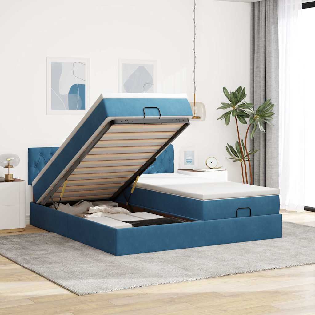 Cadre de lit ottoman avec matelas bleu foncé 200x200 cm velours - XIOS
