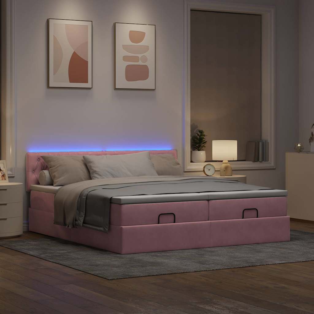 Cadre de lit ottoman avec matelas rose 200x200 cm velours - XIOS