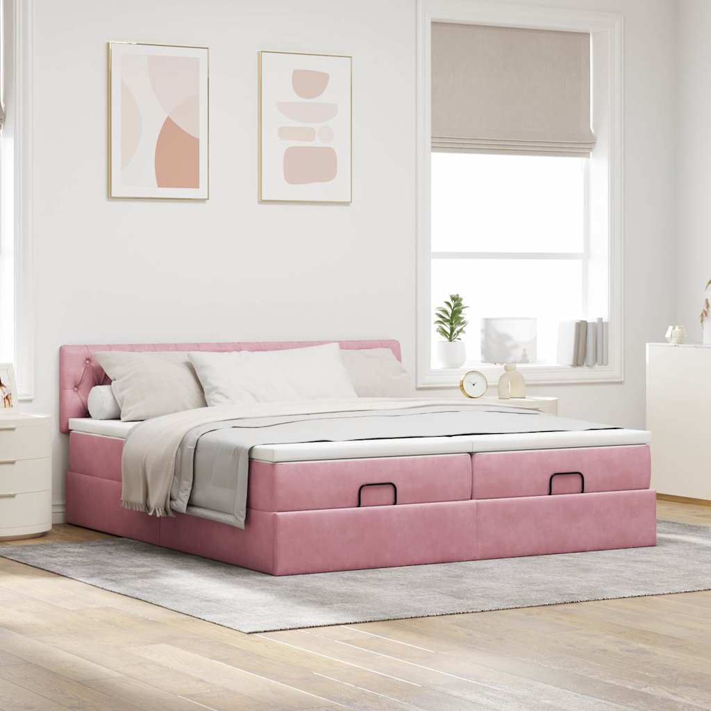 Cadre de lit ottoman avec matelas rose 200x200 cm velours - XIOS